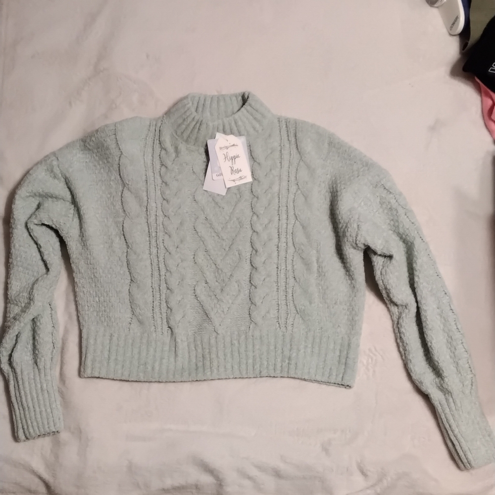 Hippie Rose Light Green Cable Knit Sweater Chenille